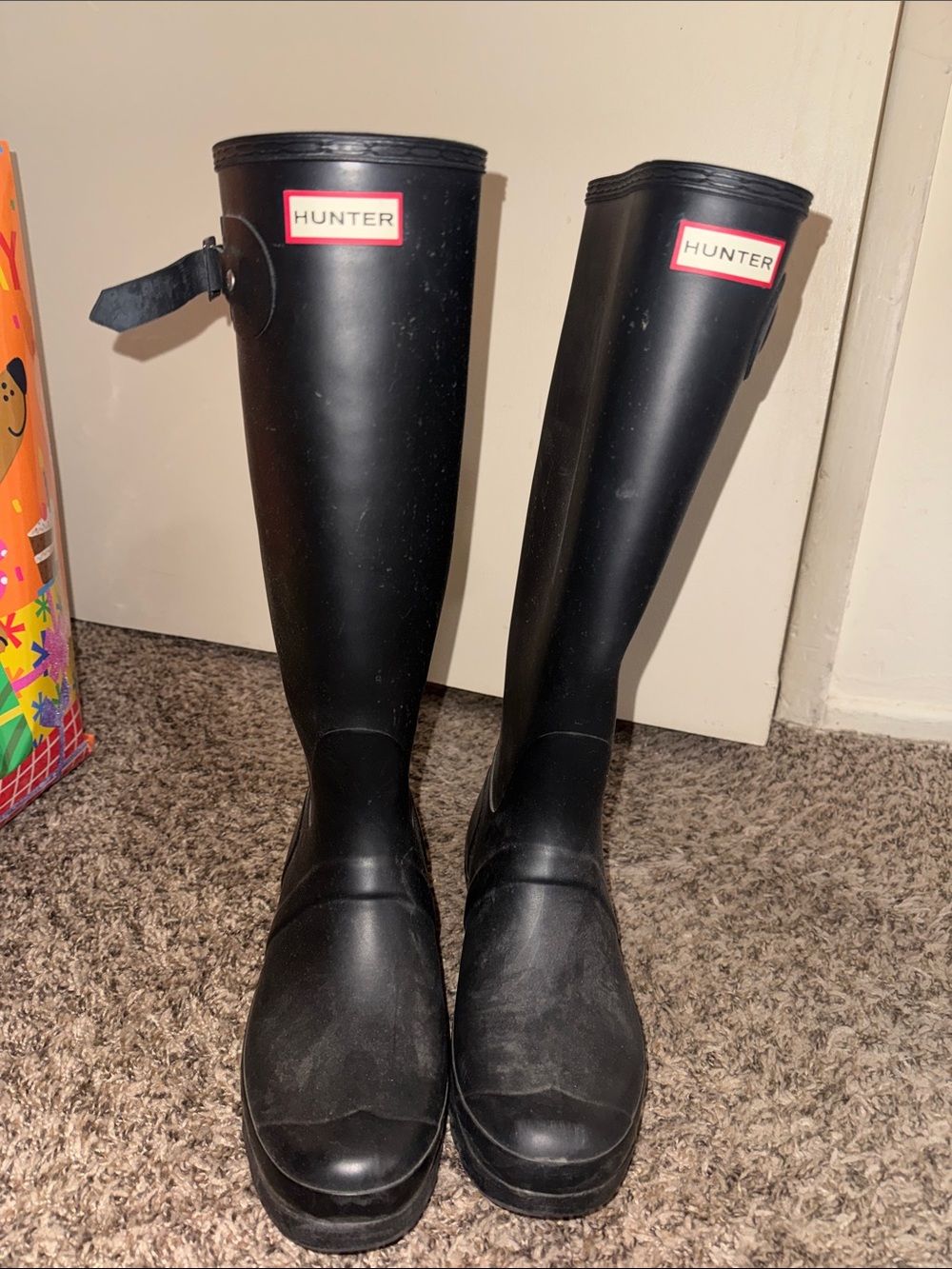 Hunter Black Tall Matte Rain Boots with Side Buckle